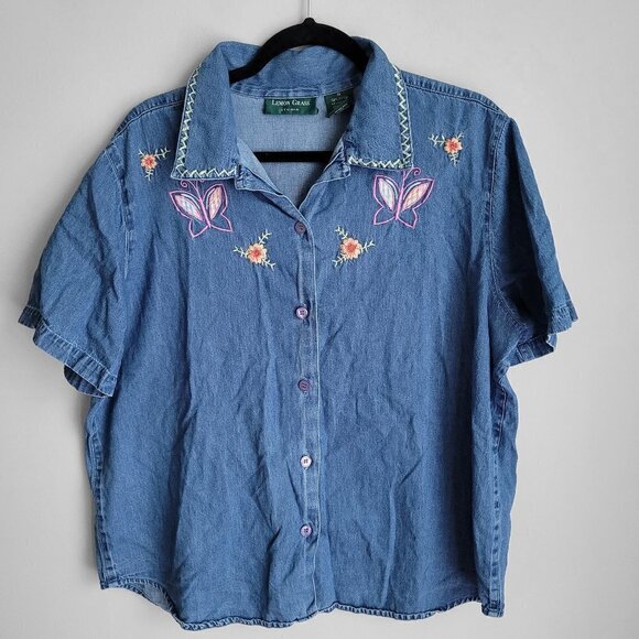 Vintage Denim Embroidered 90s Y2K Short Sleeve Button Down Shirt Jacket - Picture 1 of 5
